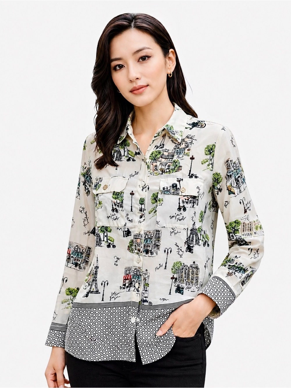 Karl Lagerfeld Paris Graphic Print Button Down Blouse Small